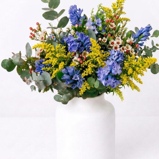 Ramo de Jacintos, Eucalipto, Solidago y Flor de Cera | 7 Jacintos morados