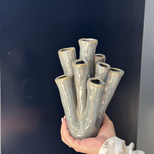 Jarron Tubos Coral Alga Gris Verde S