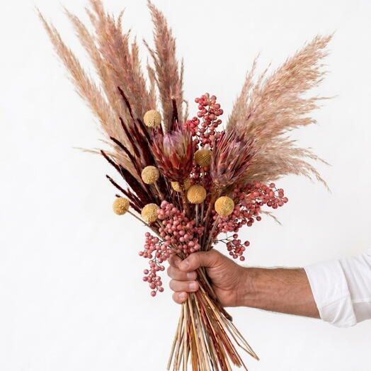 Pampas Grass Bouquet, Protea Pendula, Brown Setaria, False Pepper Balls and Craspedia | Preserved and Dried Flowers