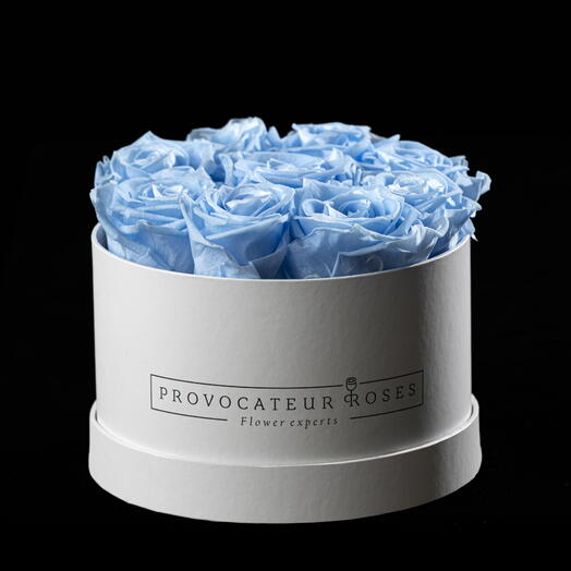 Caja redonda 20cm  de rosas preservas baby blue