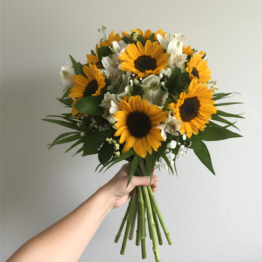 Ramo luminoso de girasoles y alstroemerias blancas