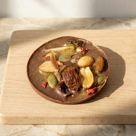 Medallon de chocolate con leche,frutos secos,pan de oro comestible