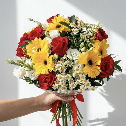 Ramo de rosas, gerberas, manzanilla y lisianthus