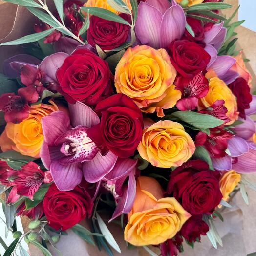 Atardecer- vibrante , orquídeas, rosas- cumpleaños, celebraciones, aniversario, oficina, regalo de agradecimiento