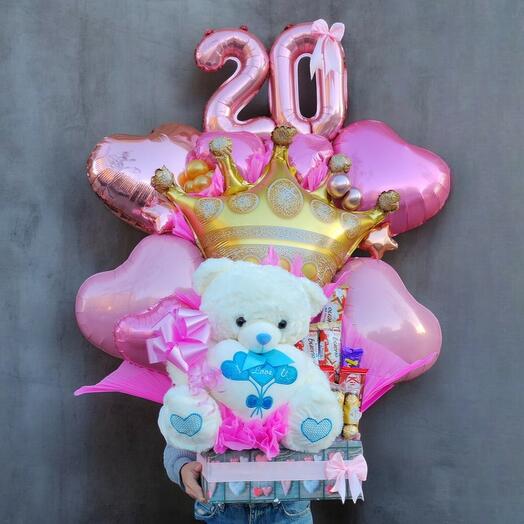 Caja de Globos con Oso y Chocolates