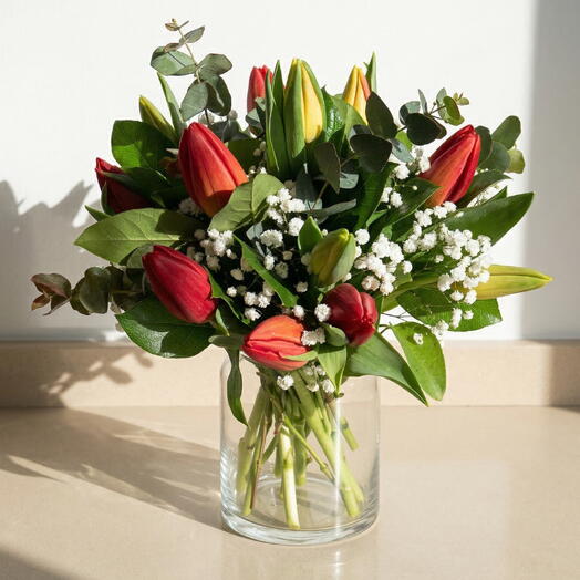 Marina Bouquet – Bouquet of assorted tulips with greenery and natural baby's breath