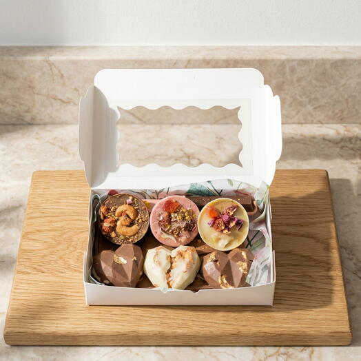 Caja de surtidos de dulces y una tableta de chocolate con dibujos de gatos enamorados