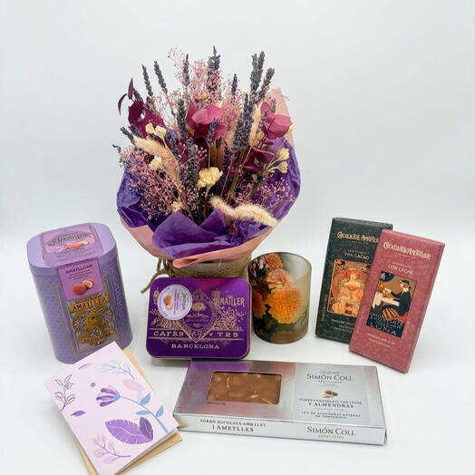 BCN Heritage — set de regalo de lujo: ramo de flores secas de lavanda, chocolate Premium Amatller — cumpleaños, aniversario, amigos — Flores secas