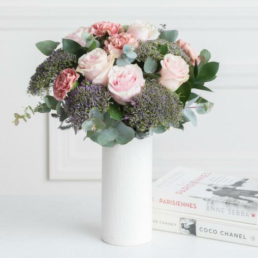 Bouquet of roses, carnations, limonium and eucalyptus