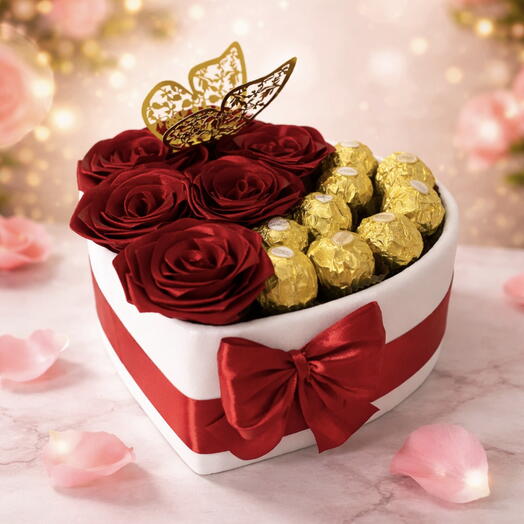 Boîte Cœur avec 6 Roses Rouges et 9 Ferrero – Cadeau Romantique pour anniversaire / anniversaire / pour surprendre