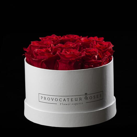 Caja redonda 14cm  de rosas preservada roja oscuro