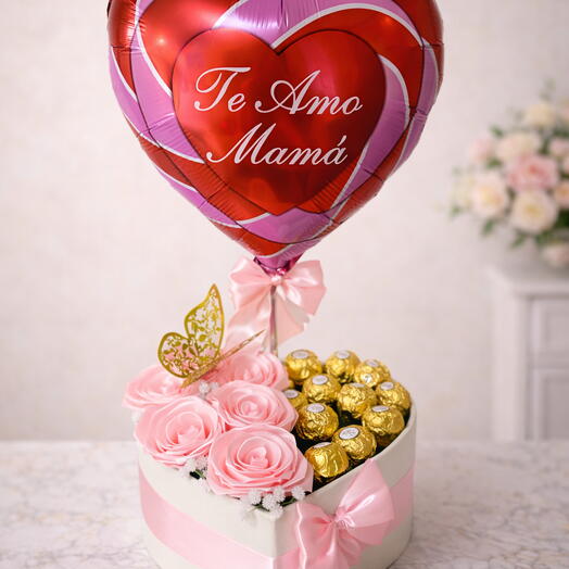 Heart-shaped Mother's Day box with pink roses, Ferrero and I Love You Mom balloon - perfect gift for moms