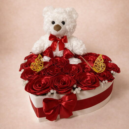 Caja amor con 20 rosas eternas en forma de corazon con osito blanco – regalo premium para mujer, mama, cumpleanos, aniversario