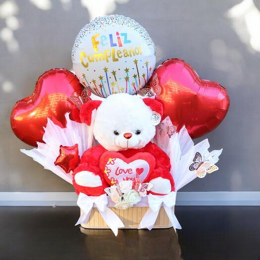 Oso Happy Birthday en Canasta con Globos y Decoracion Especial