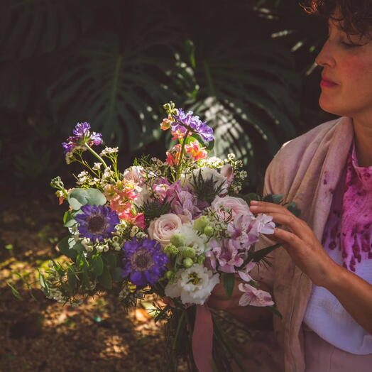 Bouquet of Roses and Scabiosa Flowers in Pastel Tones Romantic Dawn