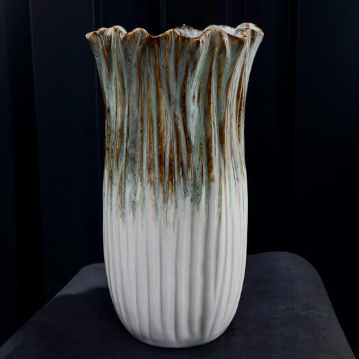 Jarron h30 ceramica lineas blanco-verde-marron