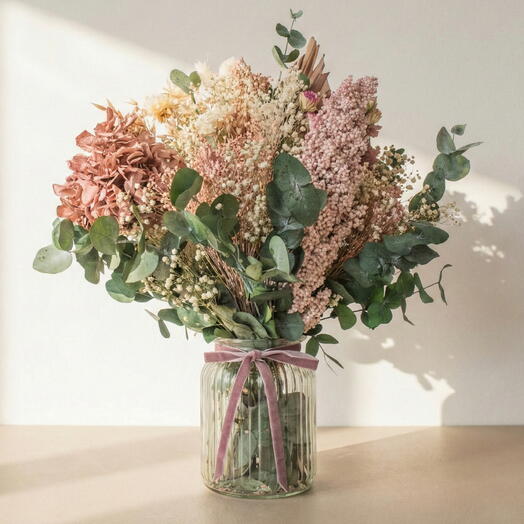 Jarron Estandar de Flores Preservadas Naturales en Tonos Empolvados – Centro Floral Decorativo Atemporal