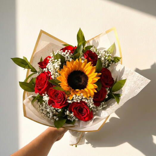 Sole Mio: Ramo de Girasol con Rosas Rojas y Paniculata Blanca