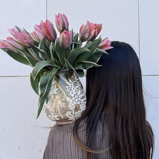 Sweet Pink Tulips with Vase