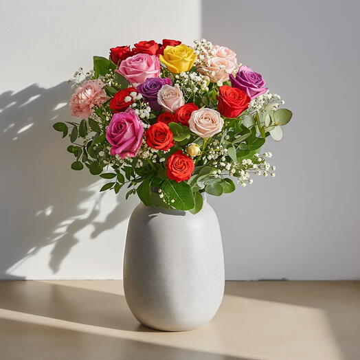 Ramo Madrid – Arreglo Floral Premium con Rosas Multicolor y Eucalipto
