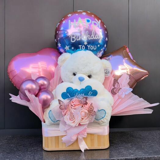 Arreglo Cumpleanero Osito Azul con Globos y Flores