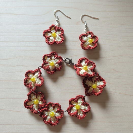 Pulsera de flores en microganchillo en color granate i amarillo y pendientes