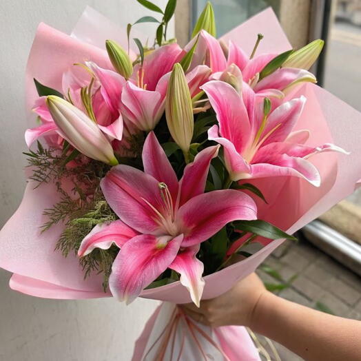 Bouquet de 6 lis roses