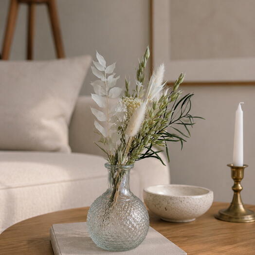 🤍 Mini arreglo de flores secas y preservadas con jarrón de cristal