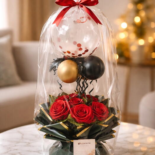 Globo con Base de Rosas y Globos Dorados | Arreglo Floral de Lujo balloons fansy