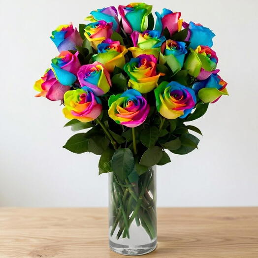 Bouquet de 17 roses arc-en-ciel à longues tiges