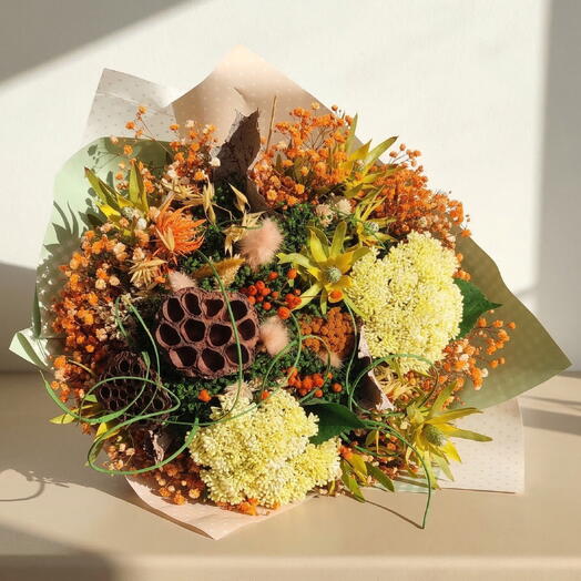 Dryorange XL – Bouquet of dried and preserved flowers in orange and ochre tones