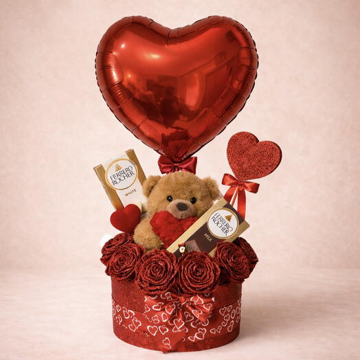 Caja regalo romantica con rosas y Ferrero – Aniversario/ Sorpresa / Cumpleanos