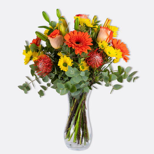 Orange roses, yellow daisies, orange gerberas