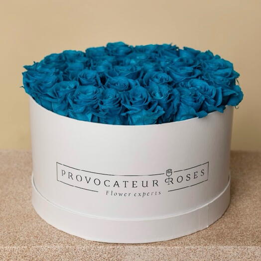 30cm round box of preserved roses aquamarine