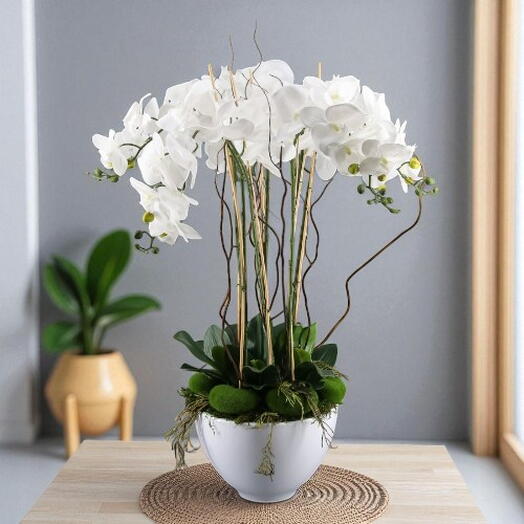 Centro grande de Orquideas artificiales blancas