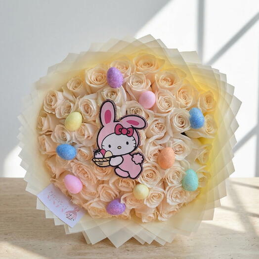 Ramo de Pascua con 50 rosas blancas ecuatorianas y decoracion de huevos – Bouquet exclusivo