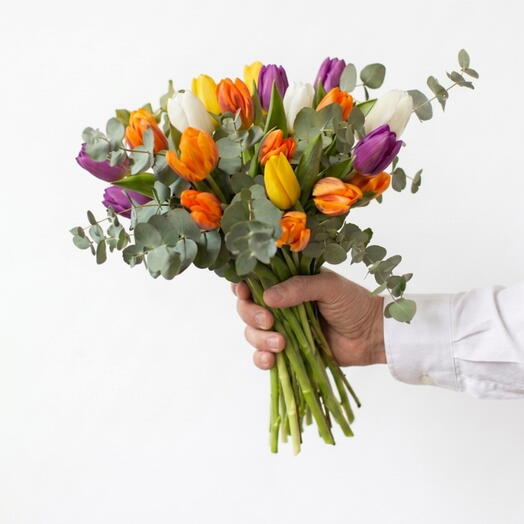 Ramo de Tulipanes multicolor y Eucalipto | 20 tulipanes