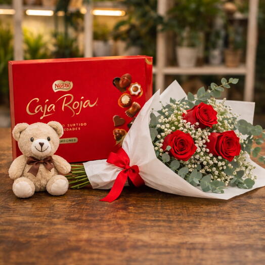 Rosas rojas con bombones y osito