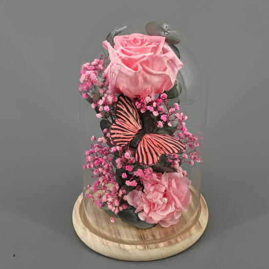 Rosa en tonalinada rosa preservada en cupula de cristal