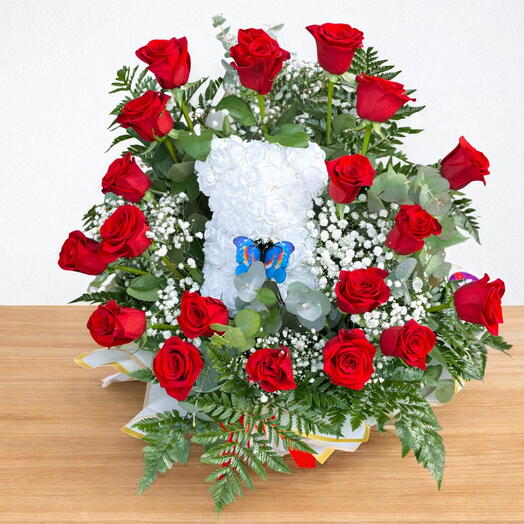 Centro de 19 rosas rojas y oso Teddy