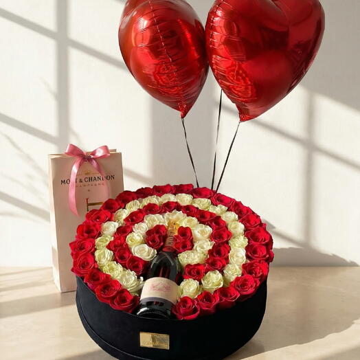 Caja de rosas rojas y blancas con cava y globos – Regalo romantico premium con flores