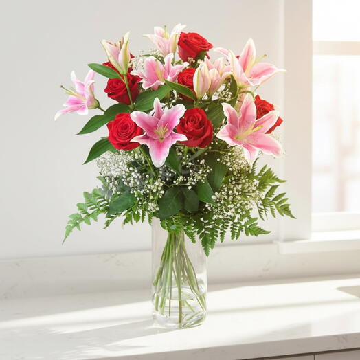 Ramo de Lilium rosa y Rosas rojas