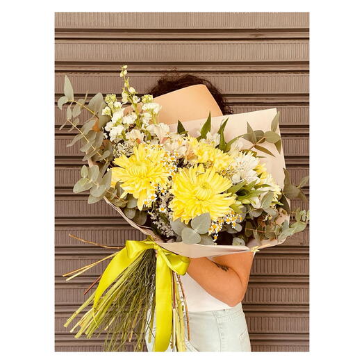 Bouquet of Yellow Chrysanthemums and Alstroemerias Summer Light