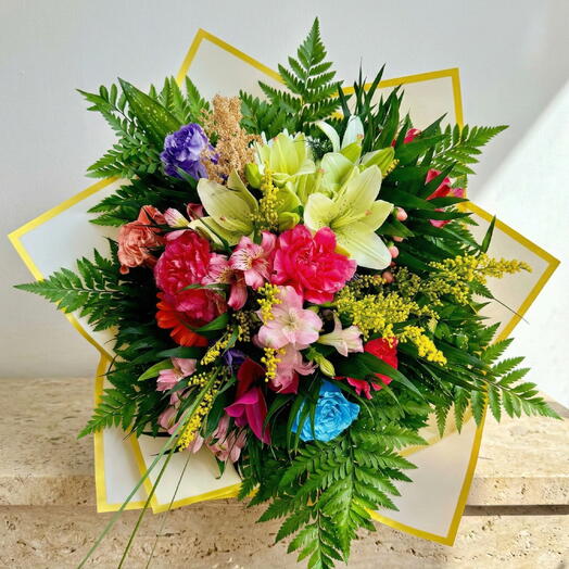 Color Explosion Bouquet – Multicolor Floral Bouquet with Lilies, Roses and Alstroemerias