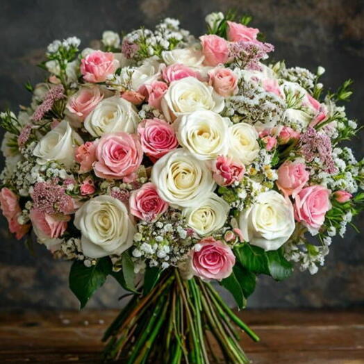 Ramo elegante de rosas rosadas, claveles rosas blancas mondial y Gypsofilia en jarron de cristal