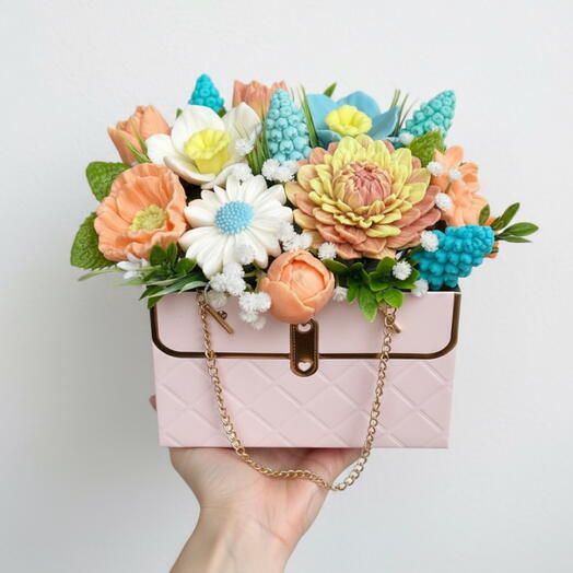 Bolso Floral de Jabon Primavera Pastel — Arreglo Decorativo Hecho a Mano