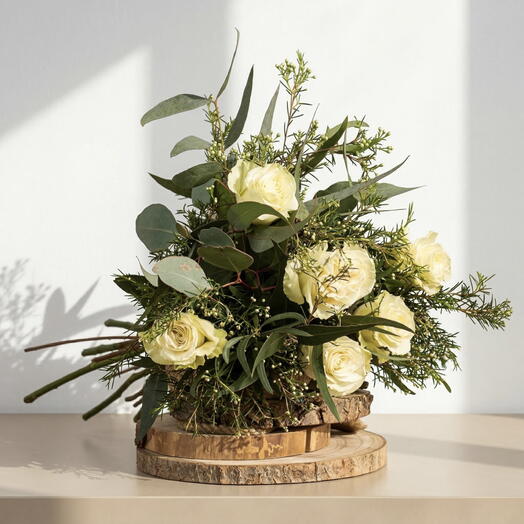 White Elegance Bouquet – Bouquet of white roses with natural greenery