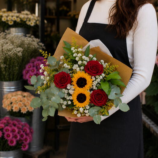 Ramo de rosas y girasol