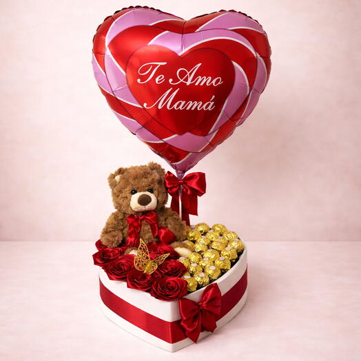 Caja corazon lujo Dia de la Madre con osito marron, rosas, Ferrero y globo Te Amo Mama - perfecto regalo para mamas