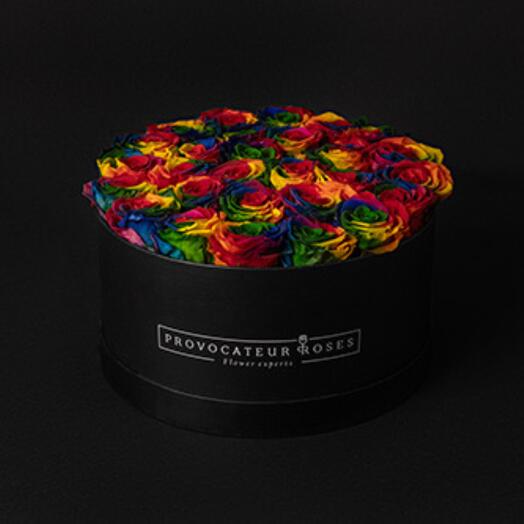 Caja  30cm rosas preservadas arcoiris